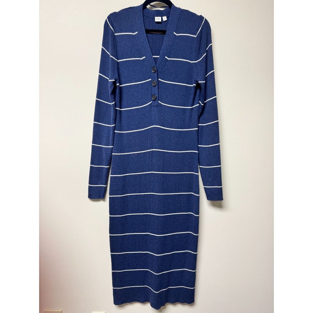 GAP Navy Stripe Ribbed V-Neck Henley Midi Sweater Dress L/S, Sz XL Tall
